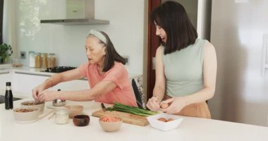 Yaşlı Çinli anne, mutfak adasında yumurta kıran ve tepsi atan kız olarak soğan doğruyor. Aile, yemek pişirme, gelenek, mutfak eşyaları, arkadaşlık, yaşam tarzı.
