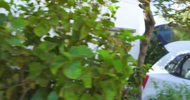 Bahçe evindeki bagaja bavul dolduran bir adam tatile hazırlanıyor. Seyahat, tatil, ulaşım, yükleme, bagaj, yolculuk