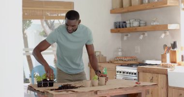 Çeşitli çiftler mutfakta fidanlar dikiyor, evde birlikte bahçe işlerinin keyfini çıkarıyorlar. Yaşam tarzı, doğa, hobi