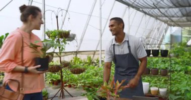 Müşteri bitkileri seçerken kreş çalışanı serada tablet kullanıyor. Bahçıvanlık, bahçıvanlık, perakende, danışmanlık, teknoloji, peyzaj