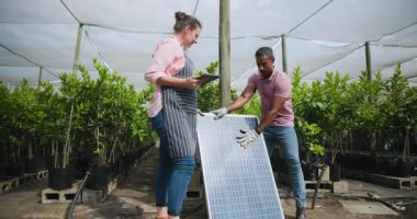 Güneş paneli kurulumu, iki farklı insanın bitki yetiştirme projesinde işbirliği yapması. yenilenebilir, enerji, sürdürülebilirlik, işbirliği, takım çalışması, yenilik
