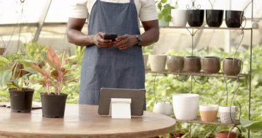 Afro-Amerikalı adam ve müşteri serada bitki bakımını tartışıyor, saksı bitkisi tutuyor. Bahçıvanlık, bahçıvanlık, takım çalışması, sürdürülebilirlik, sohbet, doğa