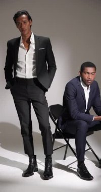 Dikey video: Modern moda stüdyo ortamında kendine güvenen şık takım elbiseli adamlar. Erkek giyim, zarafet, tarz, moda, özgüven, giyim