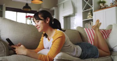 Gül buketi odak noktası çiziyor, Asyalı kadın evde kanepeye uzanıyor ve eğlence için akıllı telefon mesajları yolluyor. Romantik, rahat, rahat, yaşam tarzı, minimalist, modern, rahatlama