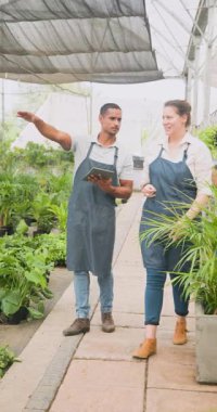 Dikey video: Bahçe bakıcıları dijital tablet kullanırken bitki bakımını tartışıyor. Bahçıvanlık, takım çalışması, bahçıvanlık, teknoloji, işbirliği, iletişim