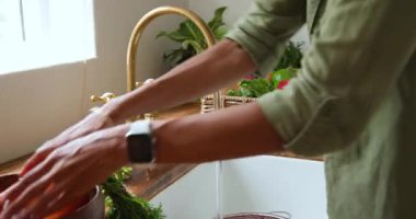 Mutfak lavabosunda ellerini yıkamak, evde pişirmek için taze sebzeler hazırlamak. Hijyen, hazırlık, temizlik, aşçılık, sağlıklı beslenme.