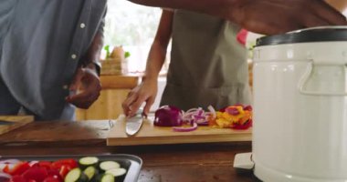 Kırsal mutfakta, rengarenk sebzeler hazırlayan, evde yemek pişirme deneyimini paylaşan çift. Mutfak, hazırlık, yaşam tarzı, bağ.