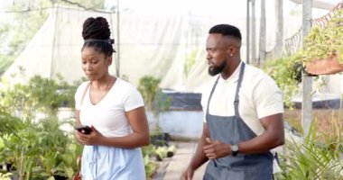 Afro-Amerikalı adam ve müşteri serada bitkileri tartışıyor, sohbet ediyorlar. Bahçıvanlık, bahçıvanlık, tarım, botanik, takım çalışması, sürdürülebilirlik