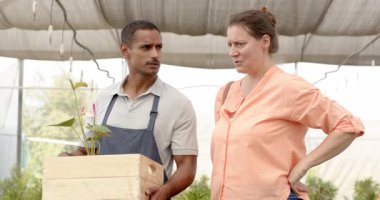 Bahçıvanlık ekibi serada ahşap sandık tutarken bitki bakımını tartışıyor. Takım çalışması, bahçıvanlık, botanik, işbirliği, sürdürülebilir, tarım