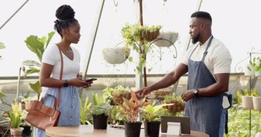 Afro-Amerikalı kadın ve erkek serada bitki bakımını tartışıyor. Bahçıvanlık, bahçıvanlık, takım çalışması, tarım, bitkiler, sohbet