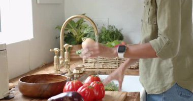 Mutfakta taze sebzeleri yıkamak, odaklanarak ve özenle evde sağlıklı bir yemek hazırlamak. Pişirme, hazırlama, aşçılık, beslenme, organik, malzemeler