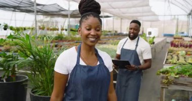 Önlüklü Afro-Amerikalı kadın gülümsüyor, seradaki bitki bakım evinin girişinde duruyor. Bahçıvanlık, girişimcilik, bahçıvanlık, bitkiler, yeşillik
