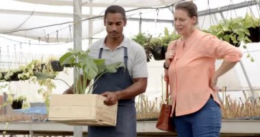 Bahçıvanlık, serada saksı bitkileri taşıyan çeşitli erkek ve kadın. Takım çalışması, bahçıvanlık, doğa, çeşitli bahçıvanlar, işbirliği, botanik