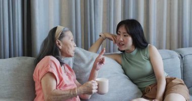 Çinli büyük anne ve kız kanepede el kol hareketi yapıyor ve pembe kupaları yudumluyor. Aile, nesiller arası bağ, iletişim, ev, rahatlama, sıcak