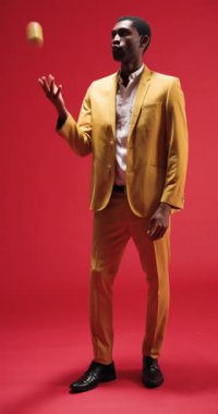 Dikey video: Sarı takım elbiseli şık bir adam elinde elma tutarak stüdyoda poz veriyor. Moda, erkek, güven, tarz, zarafet, modern