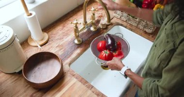 Mutfak lavabosunda taze domatesleri yıkamak, evde yemek yapmak için malzemeleri hazırlamak. Mutfak, sebze, hazırlık.