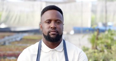 Gülümseyen adam önlük takıyor serada, fotokopi odasında güneşli bir günün tadını çıkarıyor. Bahçıvanlık, bahçıvanlık, bitkiler, açık hava, güneş ışığı, çiçekçi.