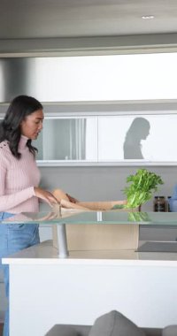 Dikey video: Mutfağa giriş kutu taşıma, bayan arkadaşlar paketleri boşaltma, ürün tarifi uygulaması. Taze üretim, işbirliği, modern iç mekan, aşçılık, sağlıklı yaşam tarzı, sosyal bağlantı, dikey video