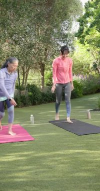 Dikey video: Asya koçu son sınıf öğrencisi yoga minderleri yerleştiriyor, omuz bahçesi ısıtması yapıyor. Sağlık, zindelik, açık hava, sükunet, esneme, eğitim, dikey video