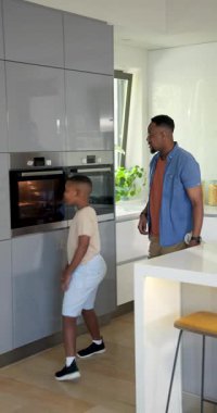 Dikey video: Afrikalı Amerikalı baba ve oğlu pizzayı fırından adaya çekiyor, kopyalama alanı. Aile, yemek pişirme, kaynaşma, aşçılık, modern, yaşam tarzı, dikey video