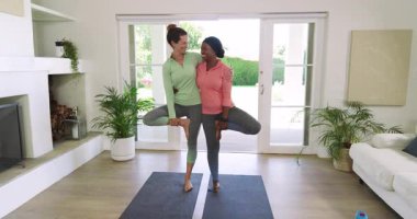 Çeşitli yoga eğitmenleri ve öğrenci evdeki paspasların üzerinde durup denge için kollarını koyuyorlar. Sağlık, işbirliği, farkındalık, sükunet, bağlantı, sağlık, uyum.