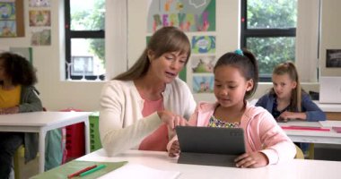 Öğretmen sınıfta genç öğrenciye tabletle yardım ediyor, hem gülümsüyor hem de nişanlı. Öğretmenlik, eğitim, akıl hocalığı, teknoloji, etkileşim, öğrenim