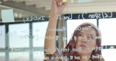 Modern ofisteki cam panoda çeşitli bayan takımların beyin fırtınası kodları var, odaklanmış ve işbirliği yapıyorlar. Takım çalışması, teknoloji, yenilik, yazılım, yaratıcı, işbirliği