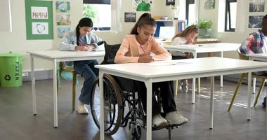 Sınıfta, çeşitli çok ırklı öğrenciler not defterlerine ödevlerine odaklandılar. Eğitim, öğrenim, öğrenim, akademik, ödev