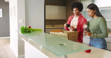 Afro-Amerikalı ve Hintli çiftler tezgahta market kutularını açıyor. Telefonları tarayıp biberi kontrol ediyorlar. Ev idaresi, aşçılık, yemek pişirme, tazelik, ev işi, işbirliği, modern