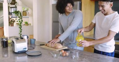 İki erkek arkadaş ekmek ve salatalık dilimliyor, portakal suyu döküyorlar, mutfakta tost makinesi kullanıyorlar. Yemek pişirme, yoldaşlık, aşçılık, yerli, yaşam tarzı, kırsal, sıcak