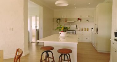 Kamera mutfak yemek alanında çalışmaya başlıyor, saksı bitkisine odaklanıyor, tasarımı ön plana çıkarıyor. Modern, minimalist, kırsal, parlak, havadar, rahat, şık