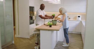 Kıdemli çift adaya saksı otları yerleştiriyor, filizleri çekmek ve yemek yapmak için maşa kullanıyorlar. Aile, aşçılık, modern, yaşam tarzı, işbirliği, beslenme, tazelik