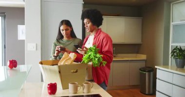 Market alışverişi yapıyor. Çeşitli çiftler domates tadıyor ve mutfaktaki telefonları kontrol ediyor. Aile, yerli, yaşam tarzı, çağdaş, doğal, samimi, enstrümanlar