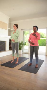 Evde paspasların üzerinde nefes alan çeşitli bayan arkadaşlar gülümsemeden önce kollarını kaldırarak dua ediyorlar. Farkındalık, rahatlama, refah, uyum, dostluk, dinginlik, dikey video