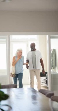 Dikey video: Çeşitli üst düzey çiftler eve girip bakkaldan alışveriş yapıyorlar, akıllı telefon tariflerini kontrol ediyorlar. Son sınıf, çift, ev, yaşam tarzı, beslenme, sağlık, dikey video