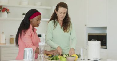 Çeşitli kadınlar tezgahtan başlar, karıştırıcı sürahide meyve püresi hazırlar kabuklarını gübreye dökerler. Sağlıklı yaşam tarzı, aşçılık, takım çalışması, ev ortamları, tazelik, çevre dostu, sağlık