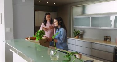 Cam Ada 'da, yapraklı yeşilliklerde ve akıllı telefondan alışveriş yapan çeşitli bayan arkadaşlarımı indiriyorum. Aşçılık, işbirliği, modern, yaşam tarzı, tazelik, tasarım, toplum