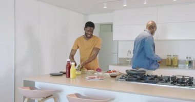 Biberleri doğradıktan sonra Afrika kökenli Amerikalı baba ve oğul adada yemek pişirip akşam yemeği için köfte çeviriyorlar. Aile, aşçılık, hazırlık, modern, ev, birliktelik, sıcak