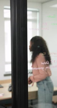 Dikey video: Gemide yazan Afro-Amerikalı kadınla buluşurken pembe notlar bırakarak. Profesyonel, işbirliği, beyin fırtınası, sunum, çalışma alanı, modern, dikey video