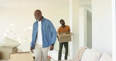 Oturma odasına giriyoruz, Afrikalı Amerikalı baba ve oğul kutuları taşıyor ve eve yerleşiyorlar. Aile, yer değiştirme, takım çalışması, yeni başlangıçlar, modern iç mekan, günlük tarz, duygusal bağlantı