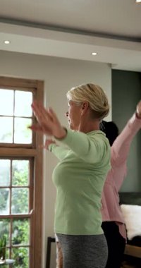 Dikey video: Çeşitli kadınların evde rahatlamak için kollarını açtıkları nefes alış verişinin ardından. Sağlık, yoga, farkındalık, rahatlama, uyum, dinginlik, dikey video