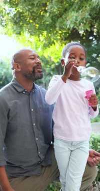 Dikey video: Afrikalı Amerikalı baba ve kızı arka bahçede baloncuk asası kullanarak baloncuk üflüyorlar. Oyunculuk, bağlanma, neşe, aile, açık hava, boş zaman, dikey video