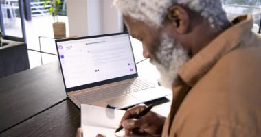 Üst düzey bir adam dizüstü bilgisayarla sohbet ediyor. Masada evlenme teklifi yazıyor. Kopya odası. Profesyonel, çalışma alanı, modern, planlama, strateji, beyin fırtınası, üretkenlik