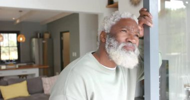 Güneş ışığı, evdeki kapıya dayanmış, gülümseyen, fotokopi çeken yaşlı Afrikalı Amerikalıyı vuruyor. Düşünce, memnuniyet, rahatlama, evcil, samimi, sıcak, modern