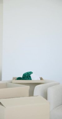 Dikey video: Afrikalı Amerikalı çift kutuları açıyor ve duvarlara çerçeveler asıyor. İç, sade, minimalist, işbirliği, tasarım, modern, dikey video