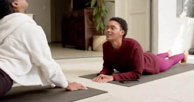 Paspasların üzerindeki çeşitli bayan arkadaşlar tableti takip ederek kobra esnemesine giriyor ve evde gülüyorlar. Spor, sağlık, dostluk, rahatlama, yaşam tarzı, iç mekan, sakinleştirme.