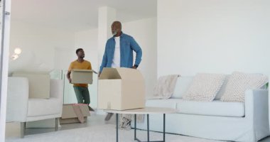 Afrika kökenli Amerikalı baba ve oğul oturma odasına ellerinde kutular, dekoru değerlendirip planlıyorlar. Aile, işbirliği, modern, iç mekan, rahatlama, bağlantı, ev
