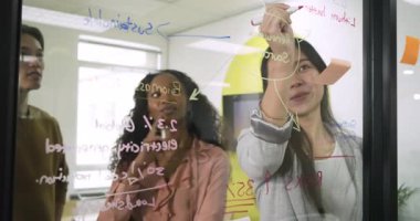 Çeşitli iş arkadaşları ofis beyaz tahtasına yaklaşıp kırmızı işaret planlama projesiyle akış şeması çiziyor. İşbirliği, takım çalışması, beyin fırtınası, yenilik, profesyonel, modern, strateji