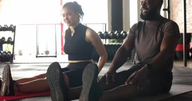 Çeşitli egzersiz partnerleri pencerelerin yanındaki paspaslarda esneklik için öne doğru kıvrılıyor. Fitness, esneklik, işbirliği, eğitim, sağlık, güç, aerobik