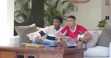 Evdeki kanepede oturan çeşitli arkadaşlar futbol golü için tezahürat yapıyor, gazoz içiyor ve pizza yiyorlar. Eğlence, eğlence, yoldaşlık, gündelik, rahatlama, eğlence, neşe